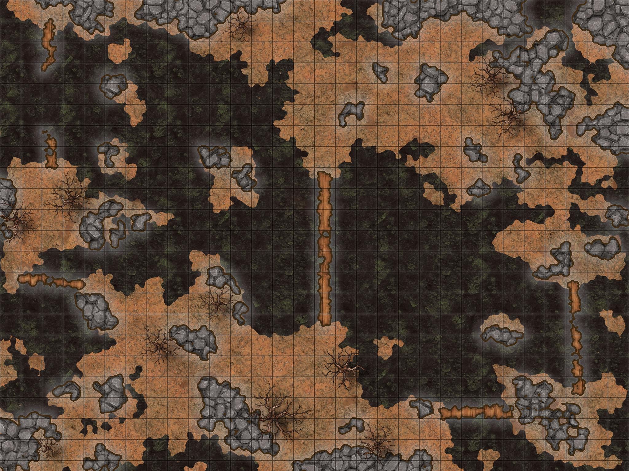 A map. The ground is a dull brown, with grey stones littered about. A dark chasm cuts diagonally across the center of the map, with a series of rickety wooden bridges crossing it vertically.
